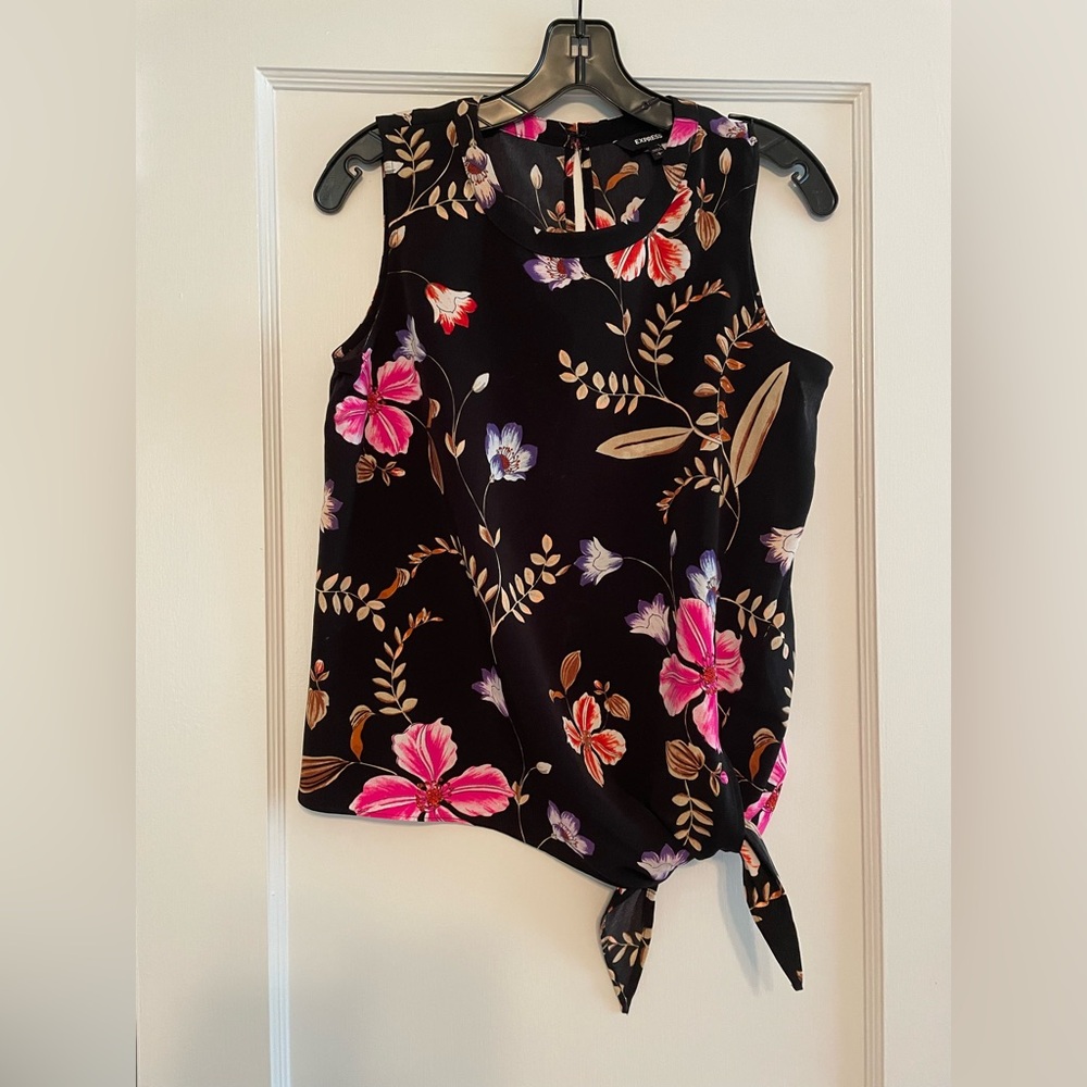 Express Black and Pink Floral Tie-Front Blouse